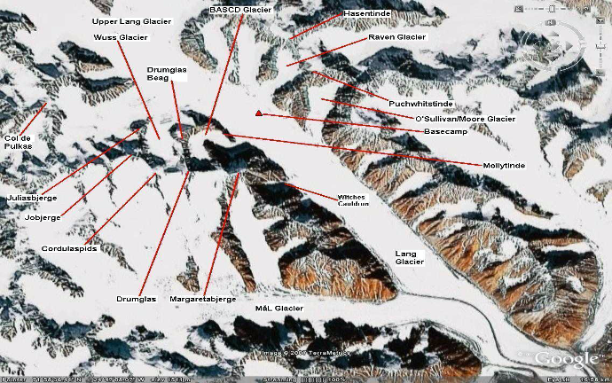 Google Earth image of the position of Basecamp, the BASCD glacier